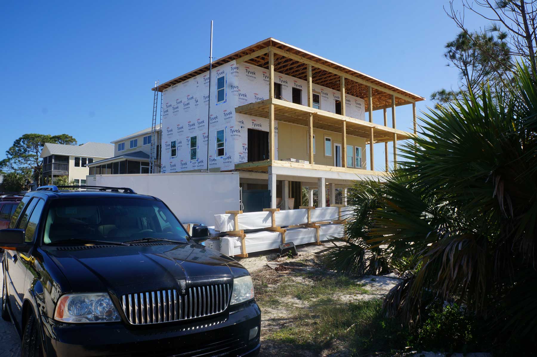 Corner view of home under construction in Mexico Beach, FL.