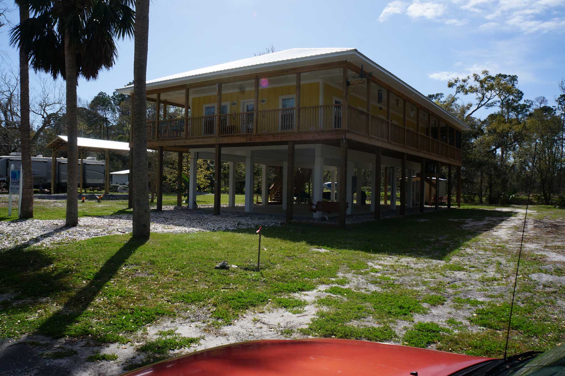 Side view of new stilt home near Port St. Joe, FL. 