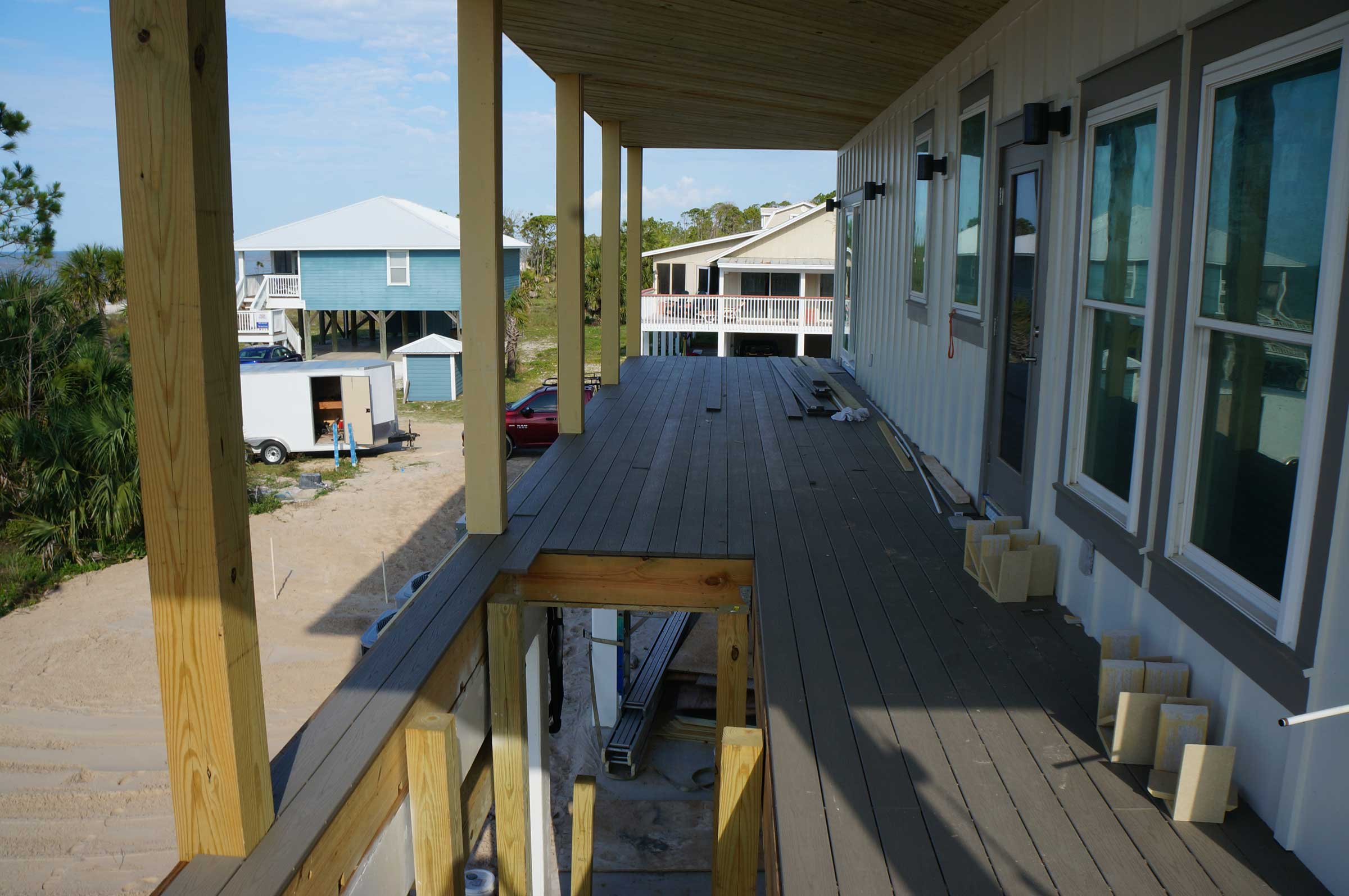 External stairway being built from ground floor to second floor deck. Contact us to discuss your new Mexico Beach home.