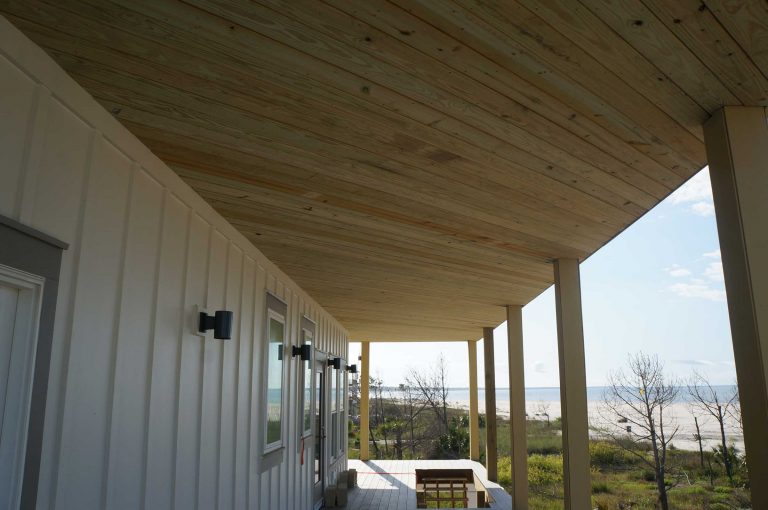 Wood plank covering over second floor deck.