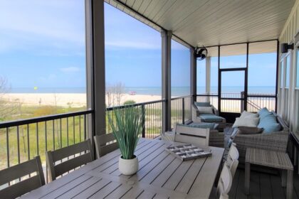 View of beach from the deck of this new Gulf County waterfront home.