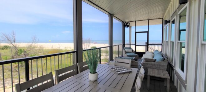 View of beach from the deck of this new Gulf County waterfront home.