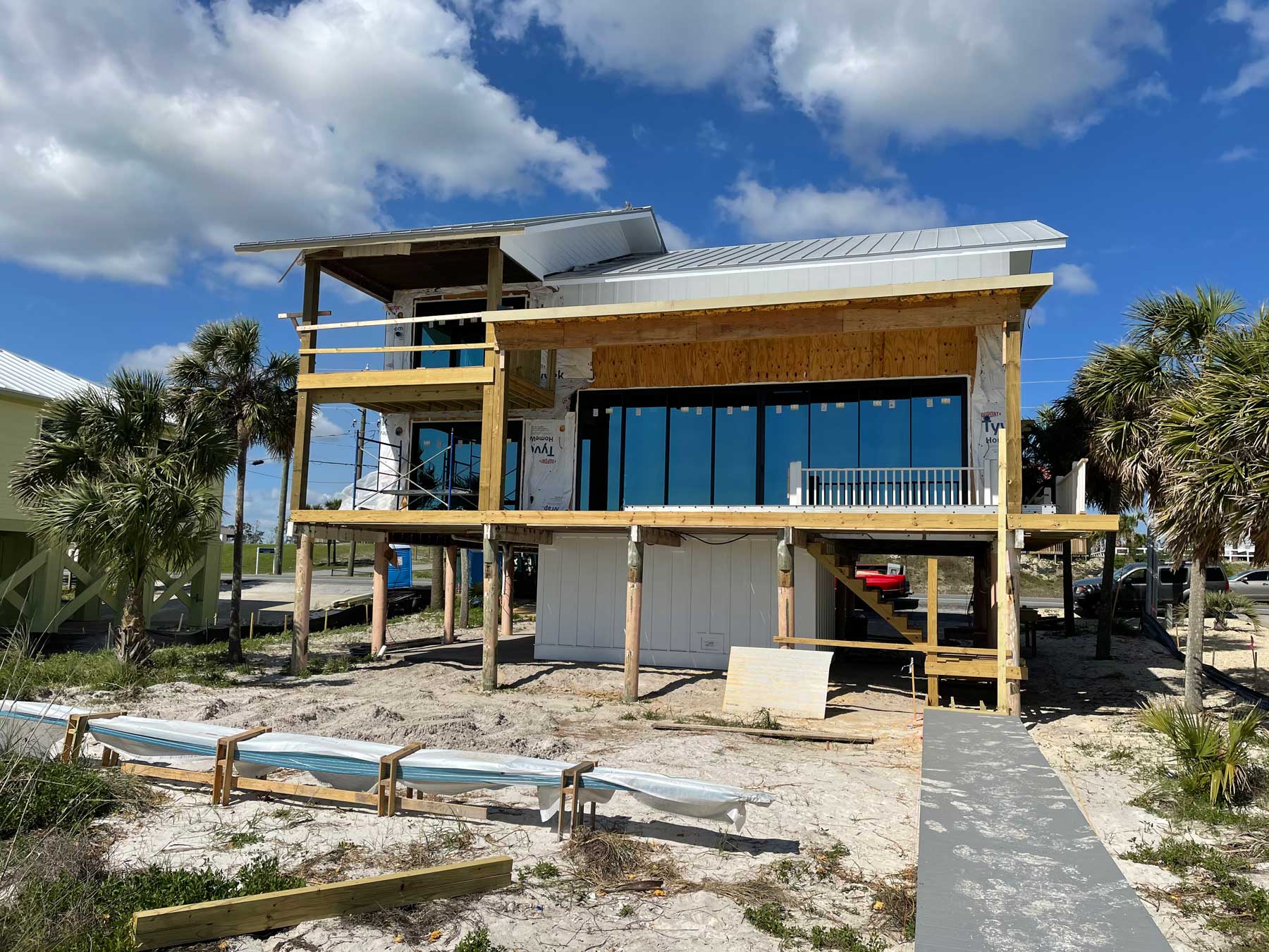 Exterior of home being rebuilt hurricane damage.