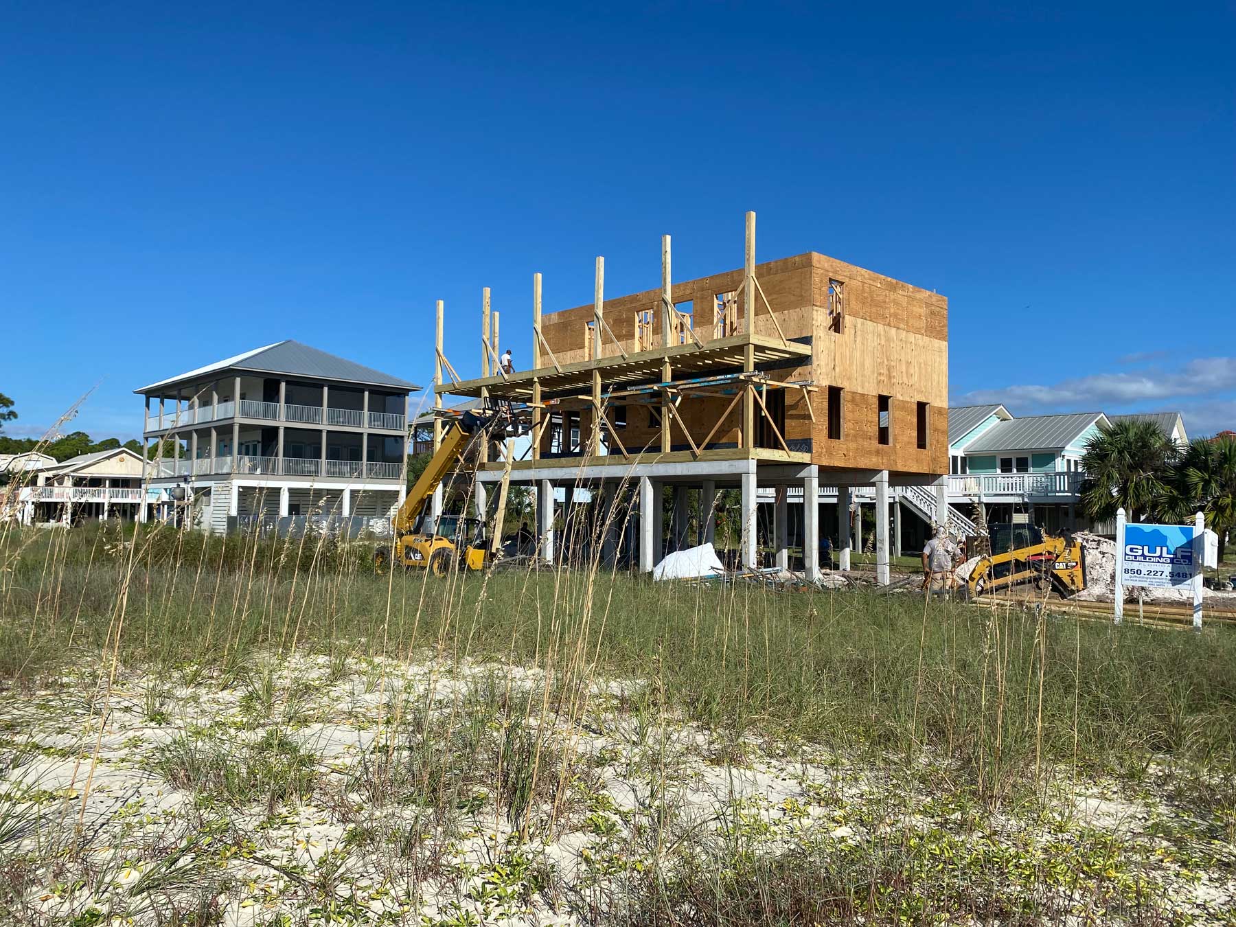 Exterior view of framing for new custom built home in Port St Joe, Florida.